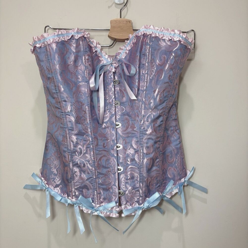 Women Blue Pink Sweetheart Lace Up Corset Bustier Top S Boned Victorian Coquette